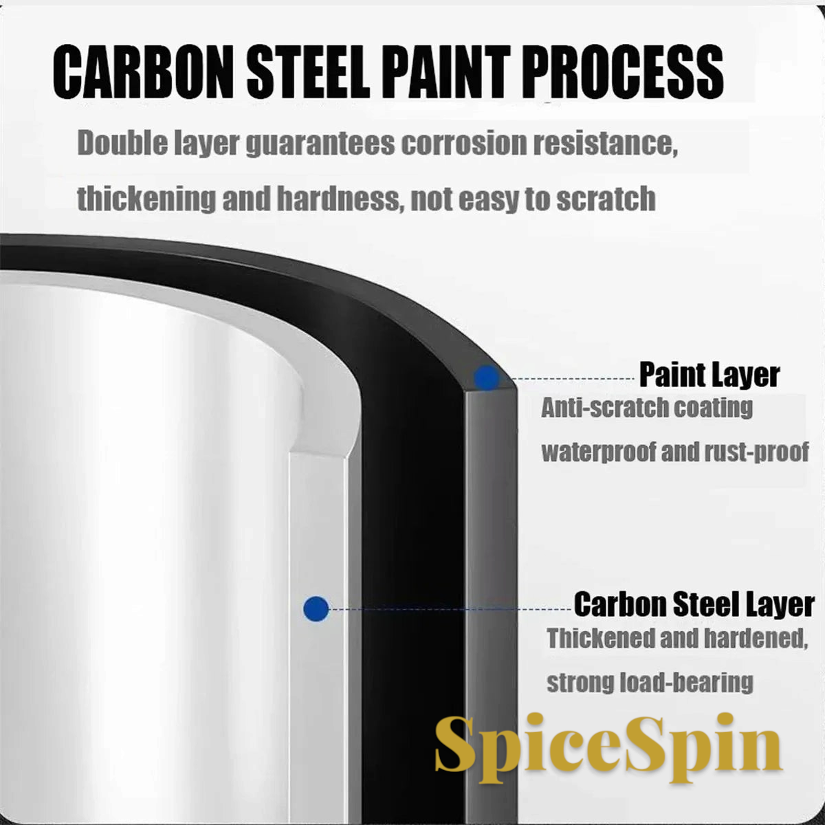 Gr8est spice rack cross-section showing carbon steel layer with anti-scratch waterproof paint coating