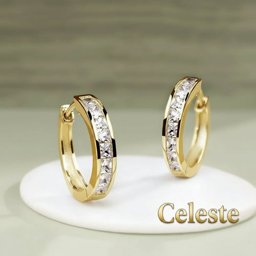 Gr8est Céleste gold-tone hoop earrings featuring a row of sparkling princess-cut cubic zirconia stones.