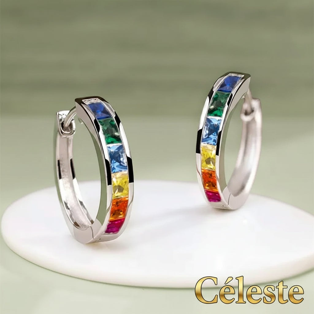 Gr8est Céleste hoop earrings featuring multi-colored princess-cut cubic zirconia stones in a silver-tone geometric setting
