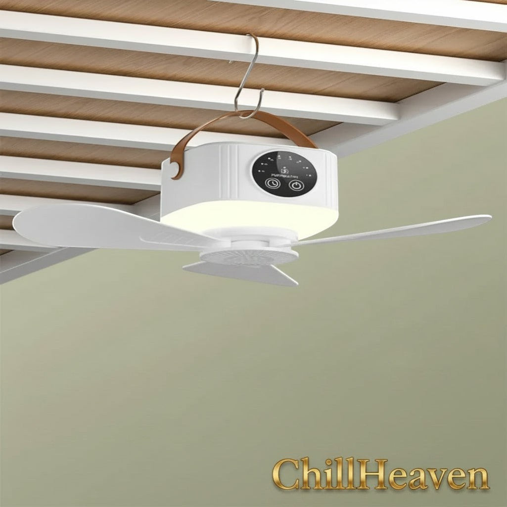 Gr8est ChillHeaven portable white ceiling fan with integrated LED light and leather hanging strap