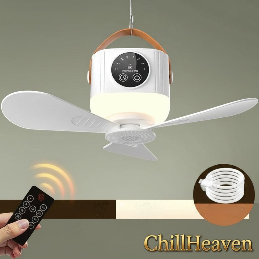 Gr8est ChillHeaven portable white ceiling fan with LED light, remote control, and leather-look hanging strap