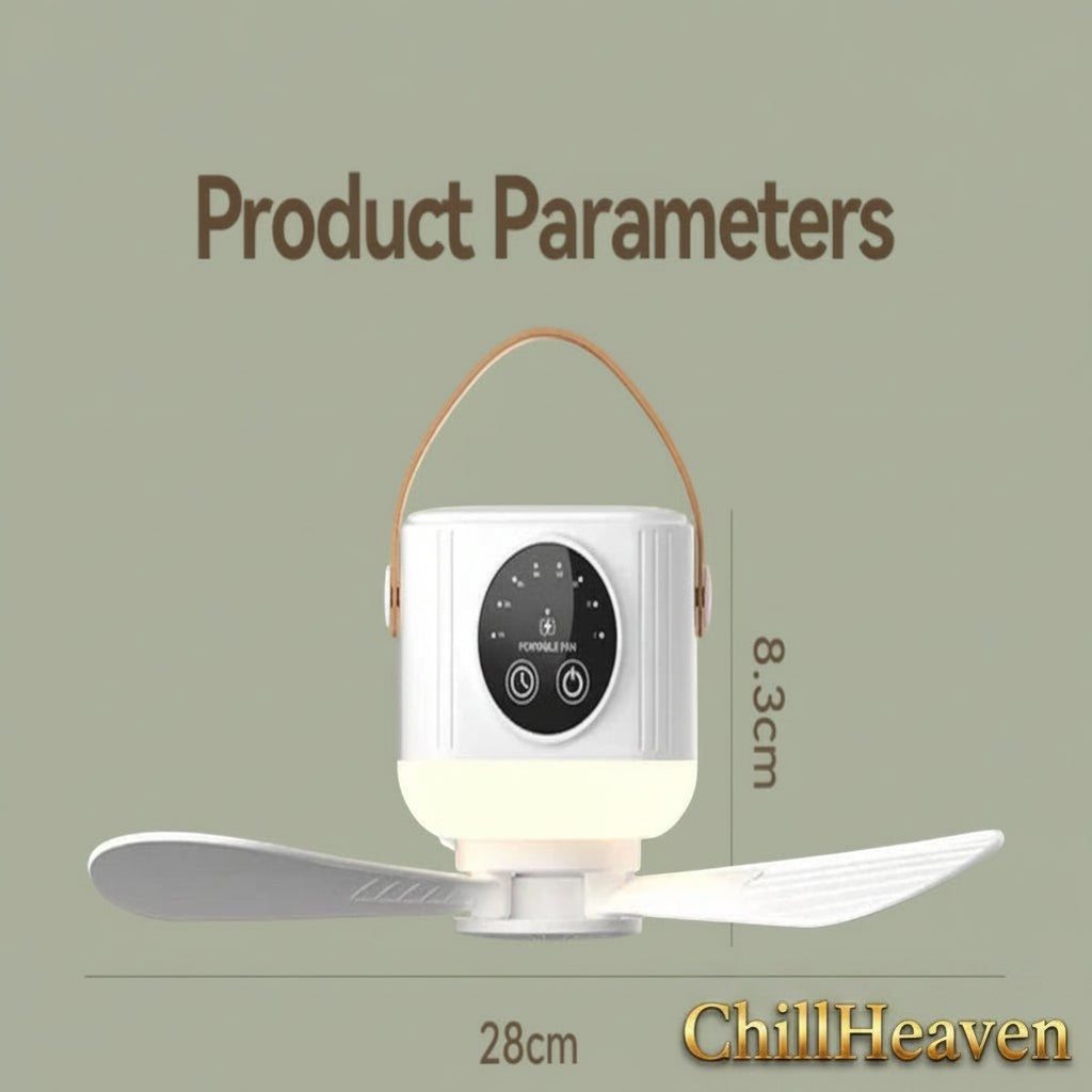Gr8est ChillHeaven portable white ceiling fan with LED light, hanging strap, and touch control panel