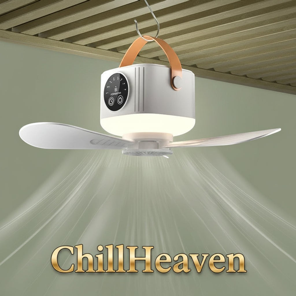 Gr8est ChillHeaven portable rechargeable ceiling fan with warm LED light and orange hanging strap