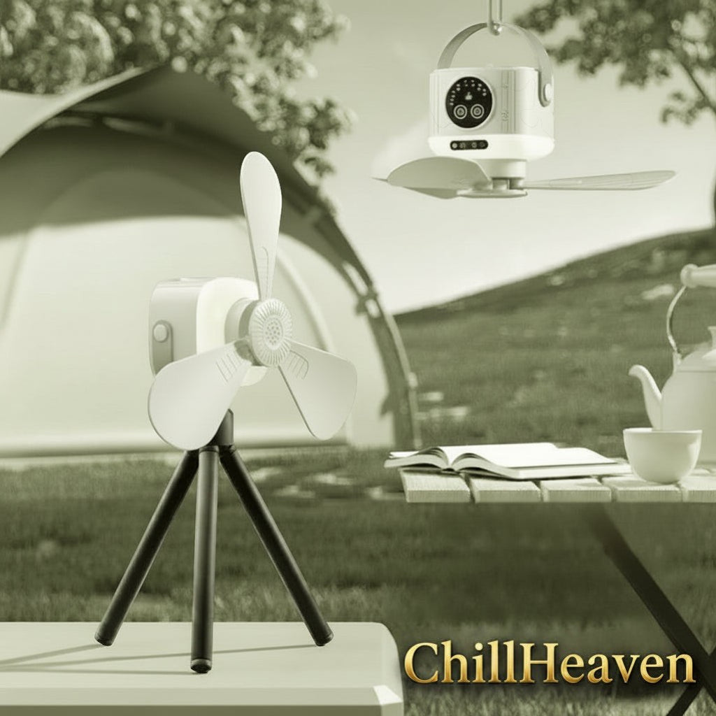 Gr8est ChillHeaven portable fan with LED light shown as a tripod desk fan and a hanging ceiling fan at a campsite.