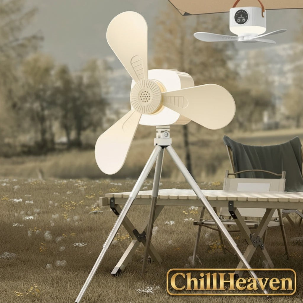 Gr8est ChillHeaven portable rechargeable fan with LED light and tripod stand for outdoor camping use