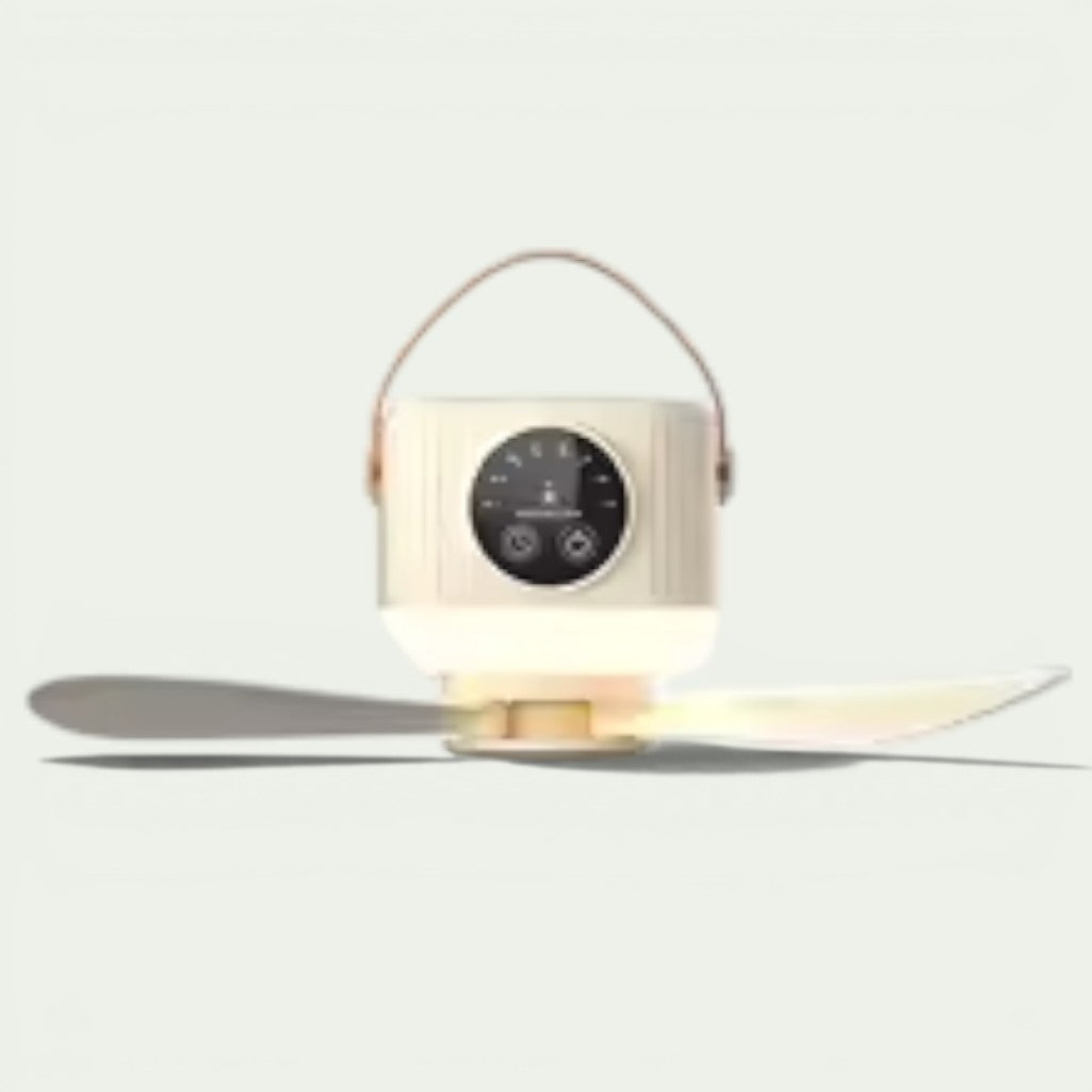 Gr8est ChillHeaven portable rechargeable ceiling fan with LED light, featuring a cream finish and leather handle.