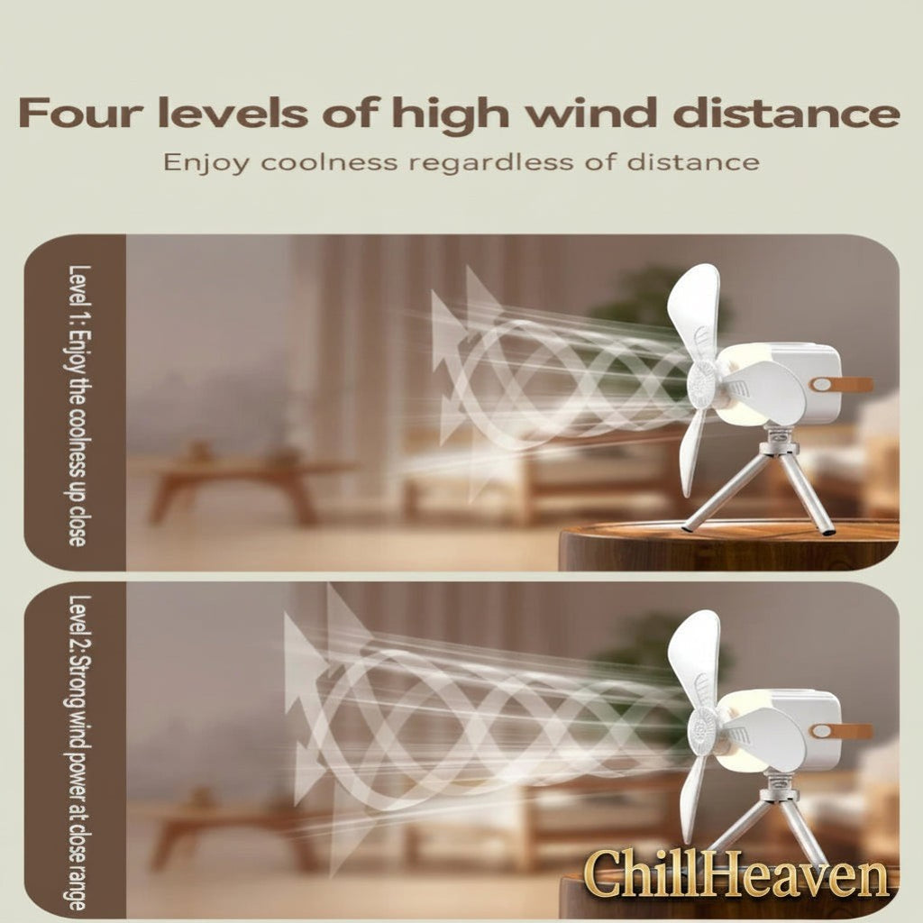 Gr8est ChillHeaven portable rechargeable fan with white blades and tripod stand showing airflow levels