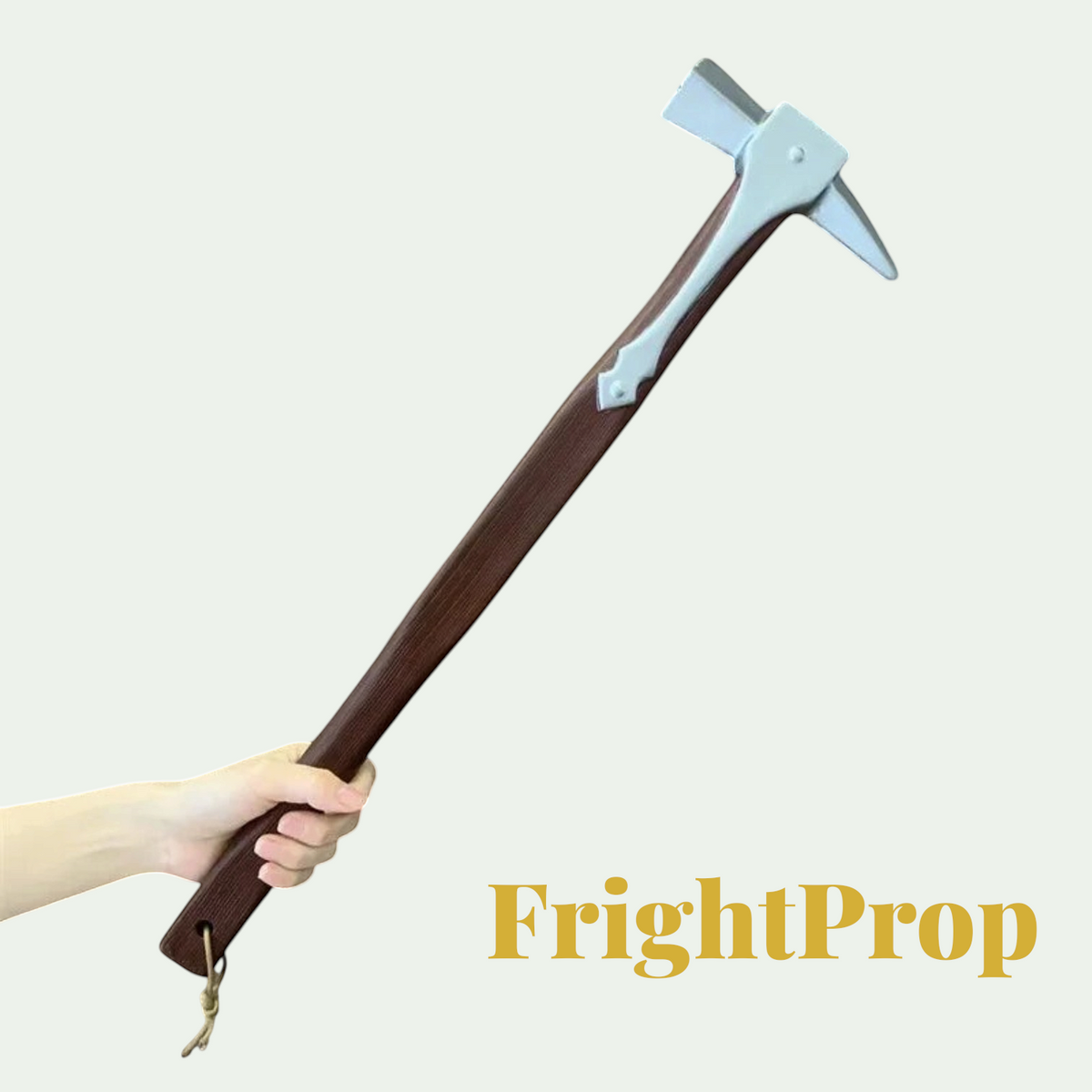 Gr8est PU foam cosplay hammer prop with a long brown handle and silver head held in a hand for Halloween costumes