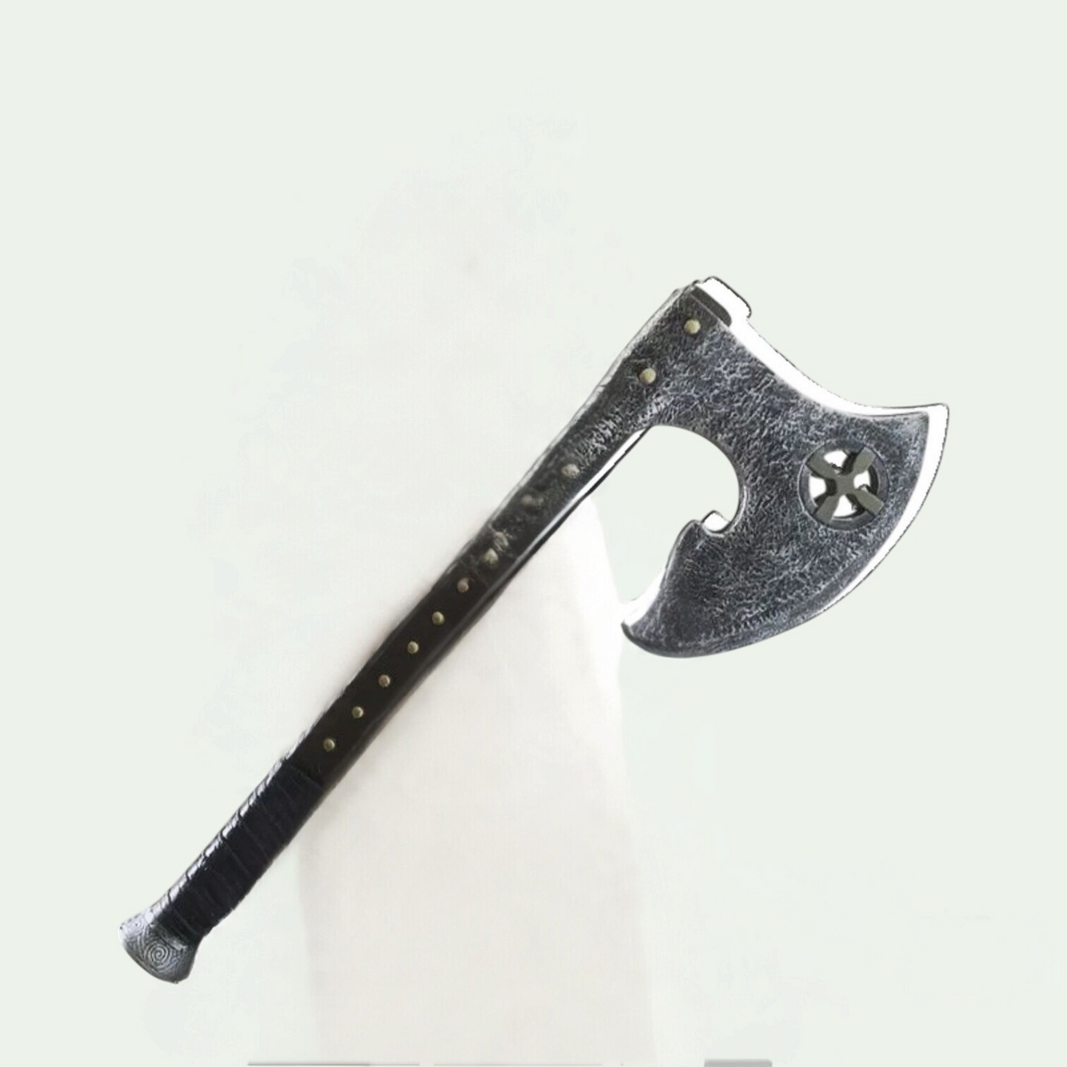 Gr8est cosplay prop axe made of soft PU rubber, held by a person wearing a cat mask for a Halloween costume.