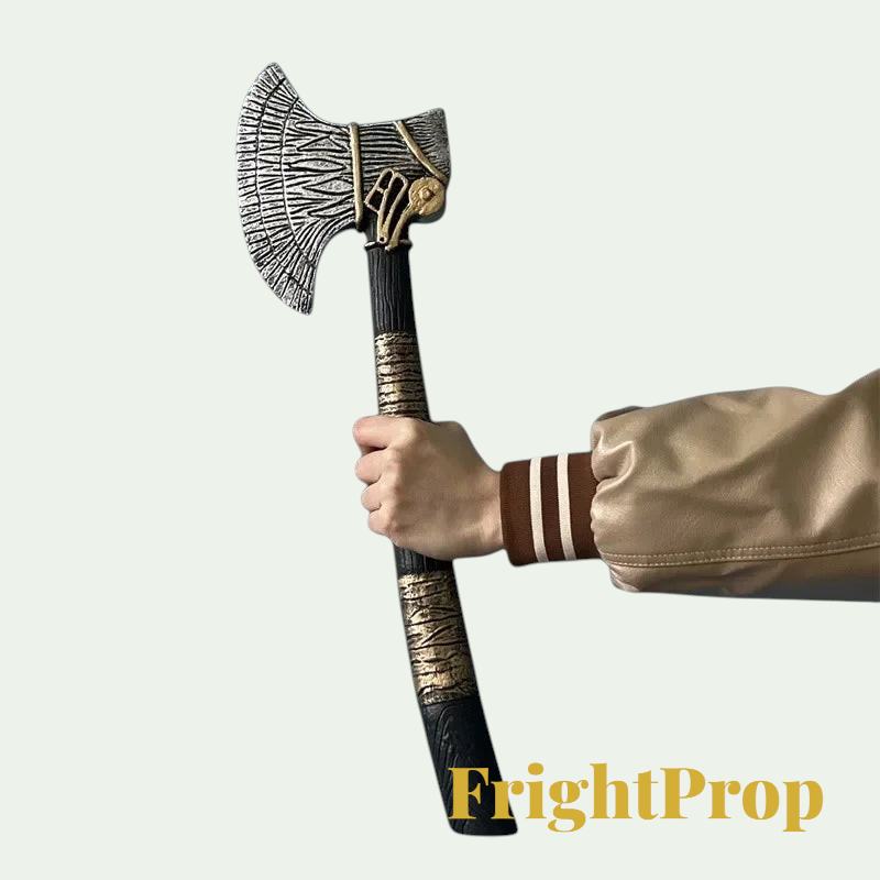 Gr8est cosplay battle axe prop made of soft PU rubber with intricate silver and gold detailing held in a hand