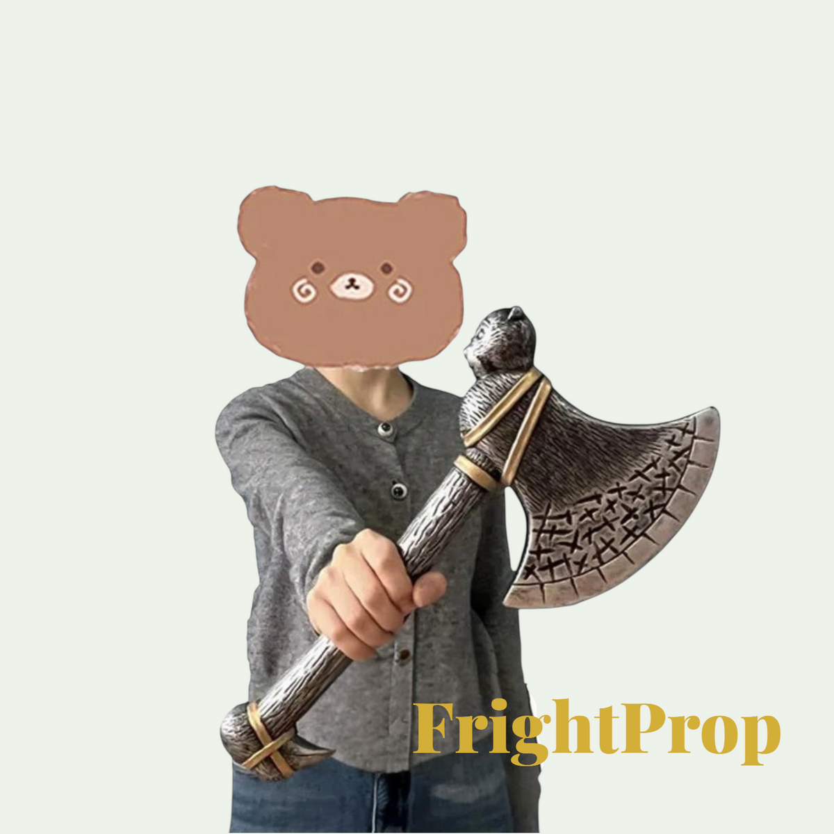 Gr8est cosplay prop axe made of soft PU material with detailed metallic finish held by a person in a grey cardigan