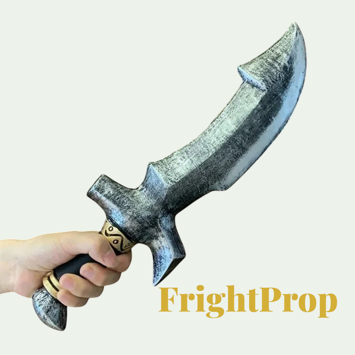 Gr8est soft PU rubber fantasy dagger prop with a weathered silver blade and gold-accented hilt held in a hand