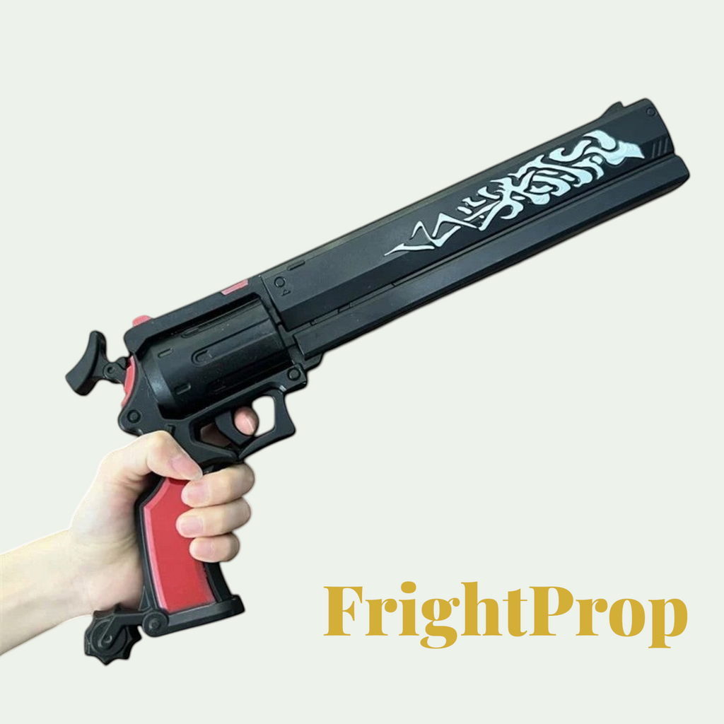Gr8est FrightProp cosplay revolver prop in black and red with white tribal detailing held in a hand