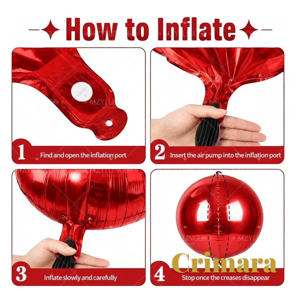 Gr8est Crimara red 4D rainsilk foil balloon inflation instructions showing port, pump insertion, and spherical shape.