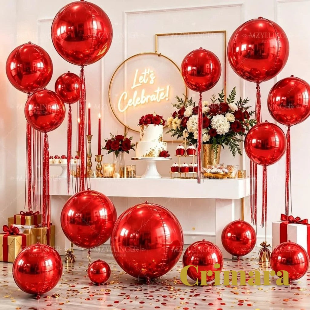 Gr8est Crimara red 4D rainsilk foil balloons in various sizes arranged for a festive party celebration