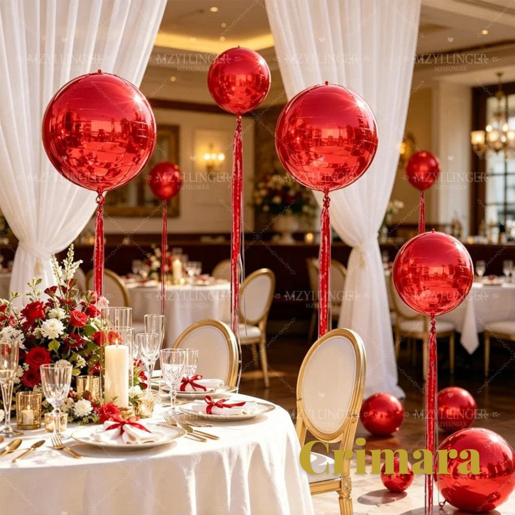 Gr8est Crimara red 4D rainsilk foil balloons in a round spherical shape decorating a formal event dining room.