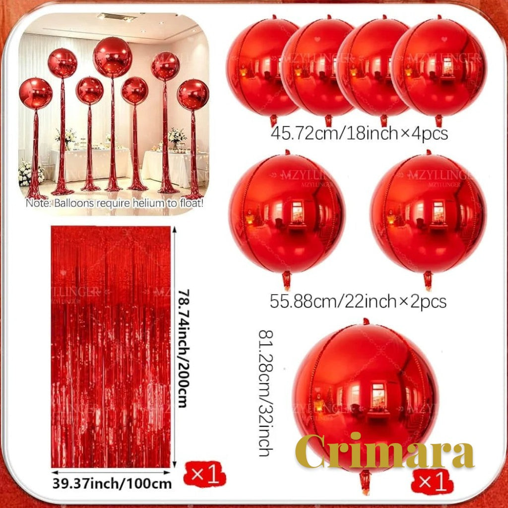 Gr8est Crimara red 4D rainsilk foil balloons in various sizes with a matching red fringe curtain for party decor.