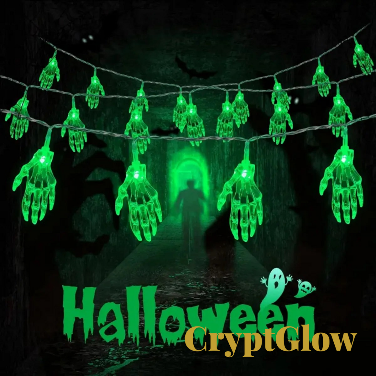 Gr8est CryptGlow battery-powered string lights featuring 20 green glowing plastic skeleton hands for Halloween decor