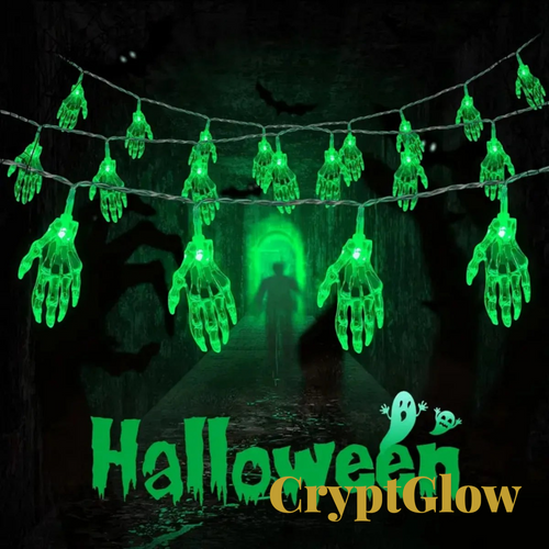 Gr8est CryptGlow battery-powered string lights featuring 20 green glowing plastic skeleton hands for Halloween decor