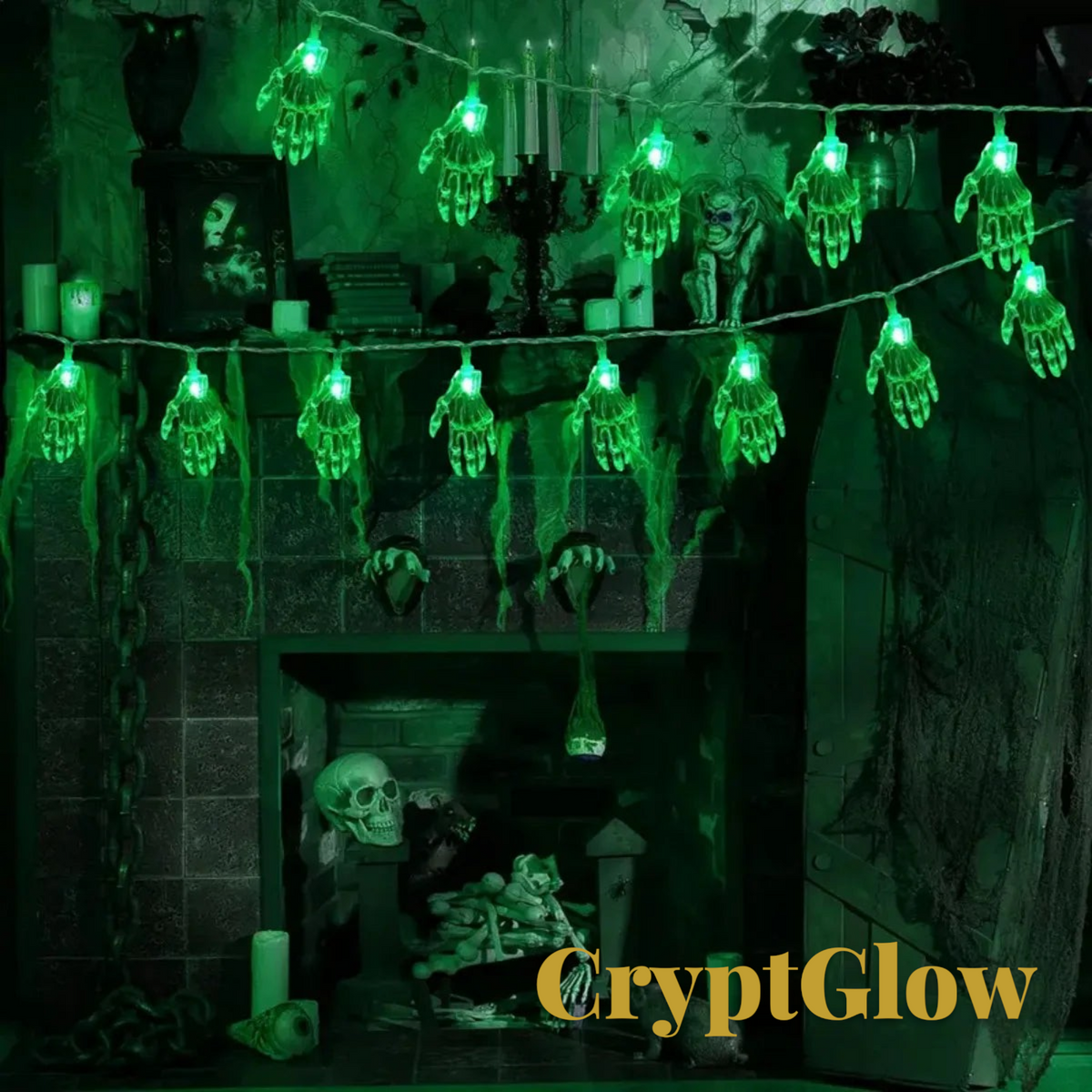Gr8est CryptGlow battery-powered string lights featuring 20 green glowing skeleton hands for spooky Halloween decor