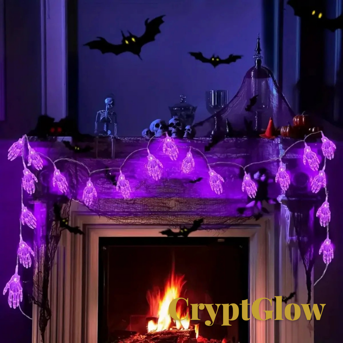 Gr8est CryptGlow purple LED skeleton hand string lights draped over a fireplace for spooky Halloween home decor
