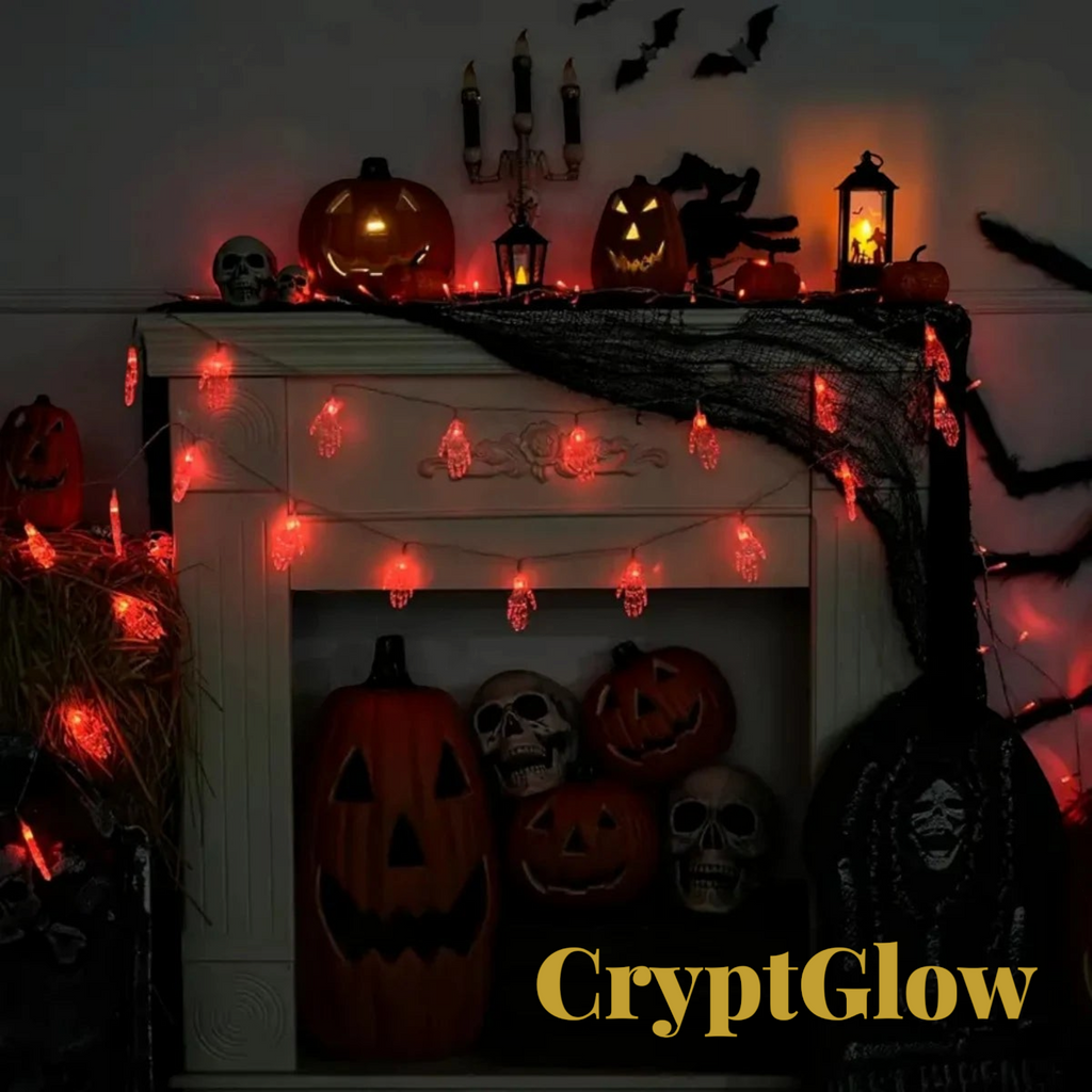Gr8est CryptGlow red LED skeleton hand string lights draped over a fireplace with pumpkins and skulls for Halloween