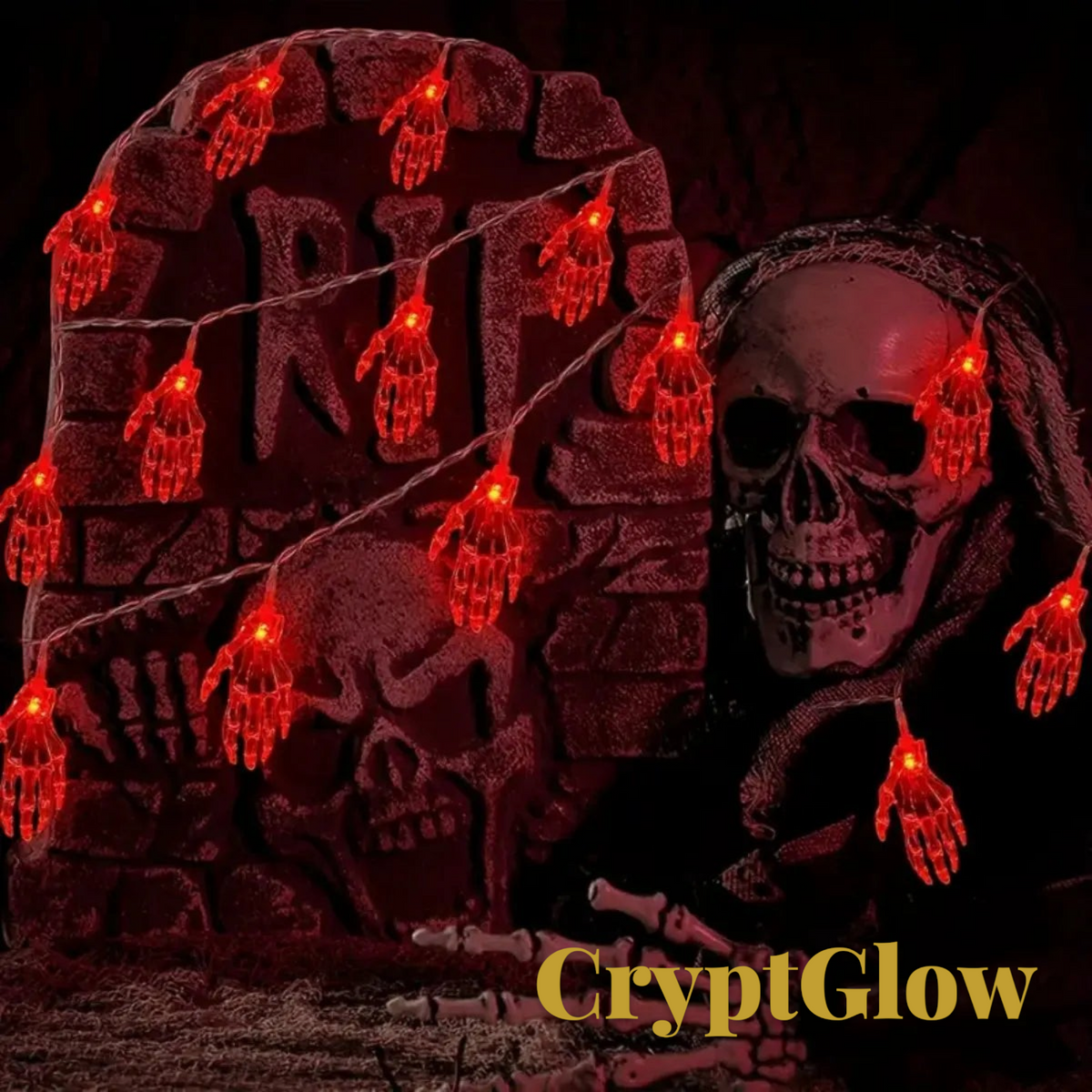 Gr8est CryptGlow red skeleton hand LED string lights draped over a tombstone prop for spooky Halloween decor
