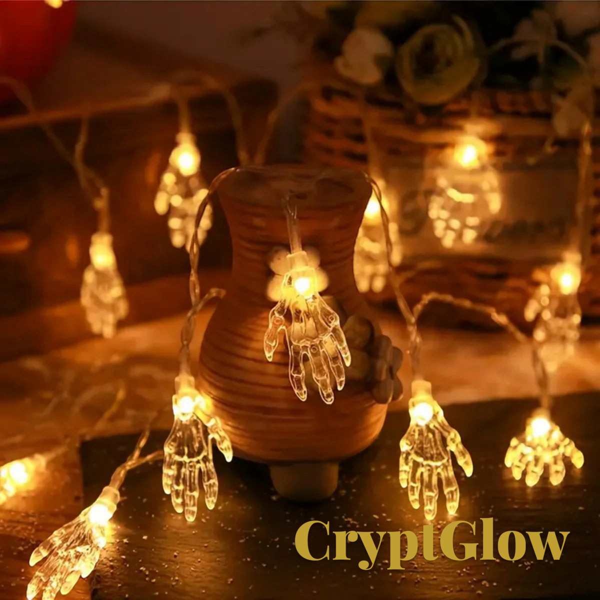 Gr8est CryptGlow battery-powered string lights featuring 20 plastic skeleton hands with a warm white LED glow