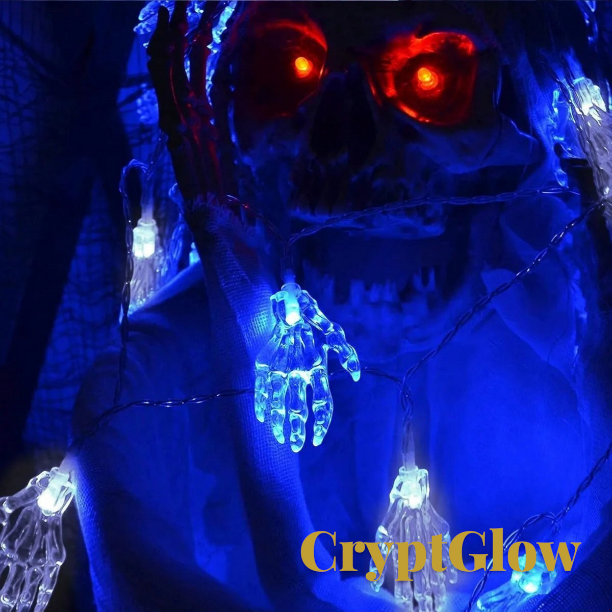 Gr8est CryptGlow battery-powered skeleton hand string lights with blue LED glow for spooky Halloween decor