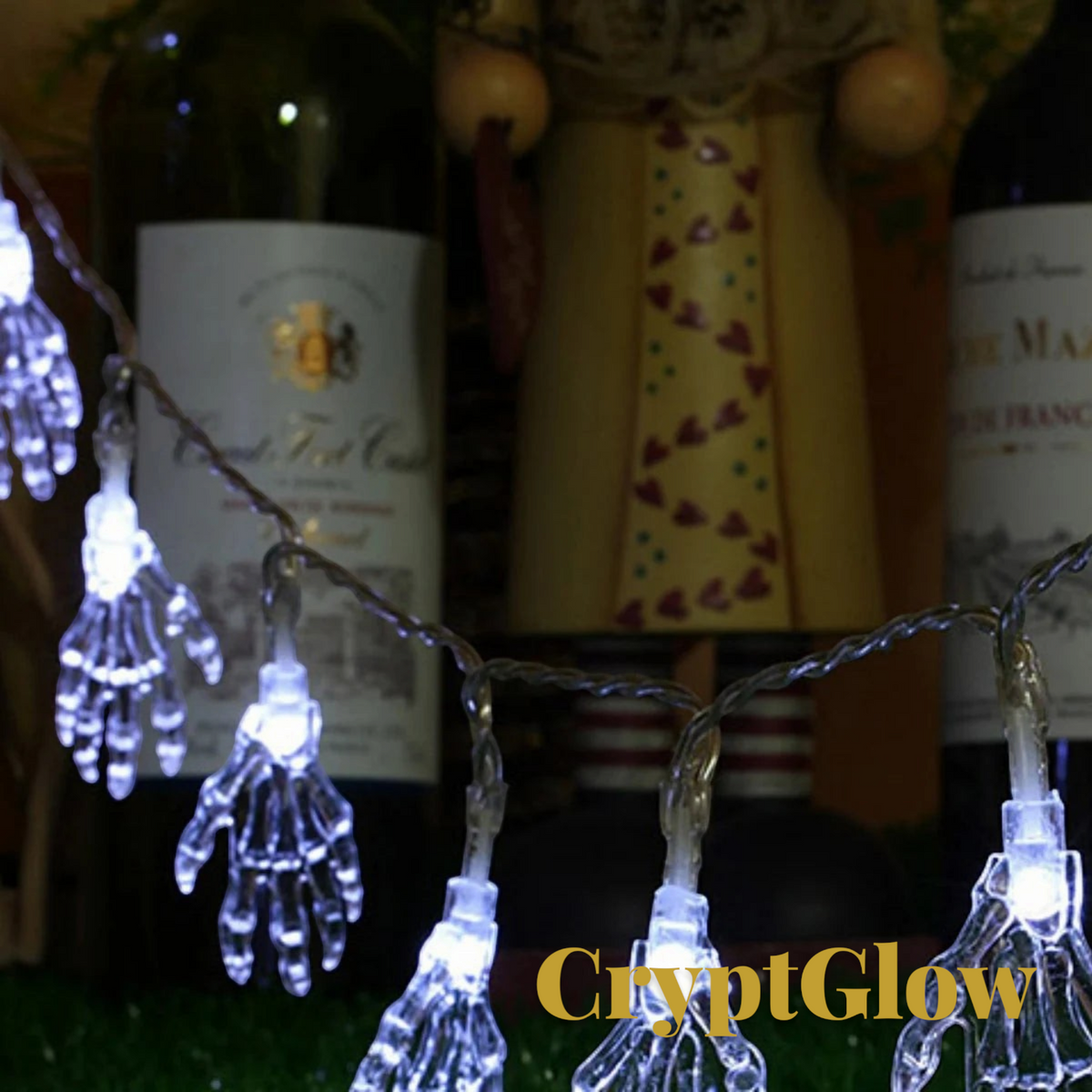 Gr8est CryptGlow battery-powered string lights featuring white LED skeleton hands for spooky Halloween decor