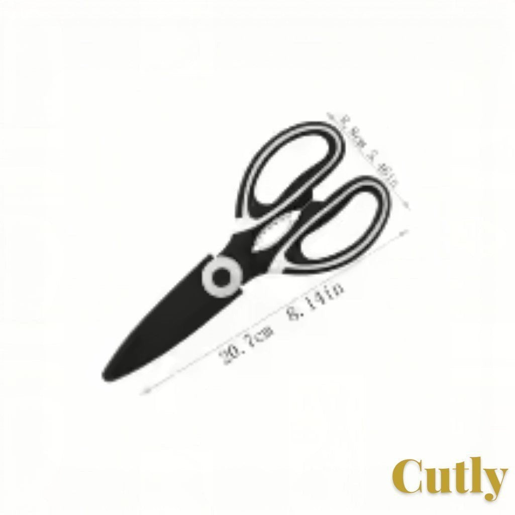 Gr8est Cutly heavy-duty black stainless steel kitchen shears with ergonomic grip and measurement markings