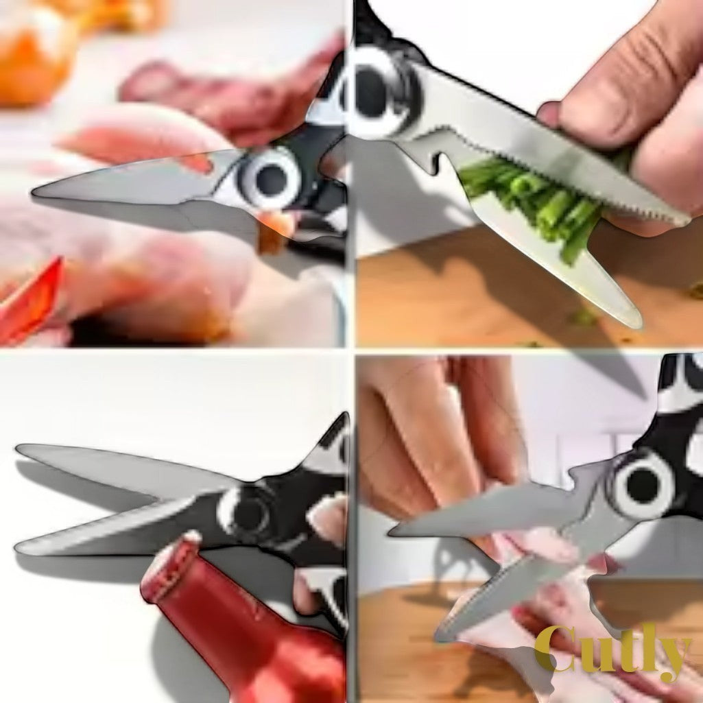 Gr8est Cutly heavy-duty kitchen shears with stainless steel blades cutting meat, vegetables, and opening bottles.