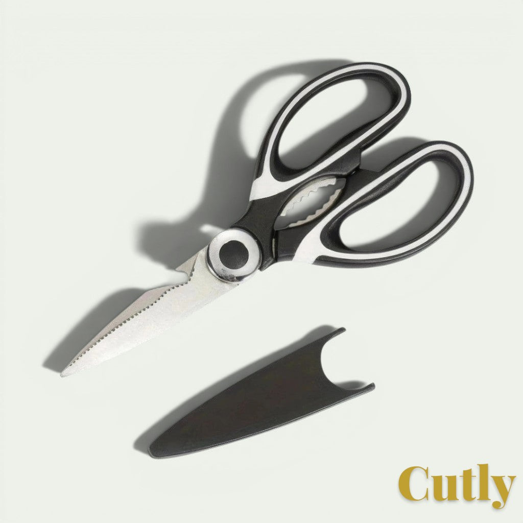 Gr8est Cutly heavy-duty kitchen shears with stainless steel blades and black ergonomic handles, including a blade cover.