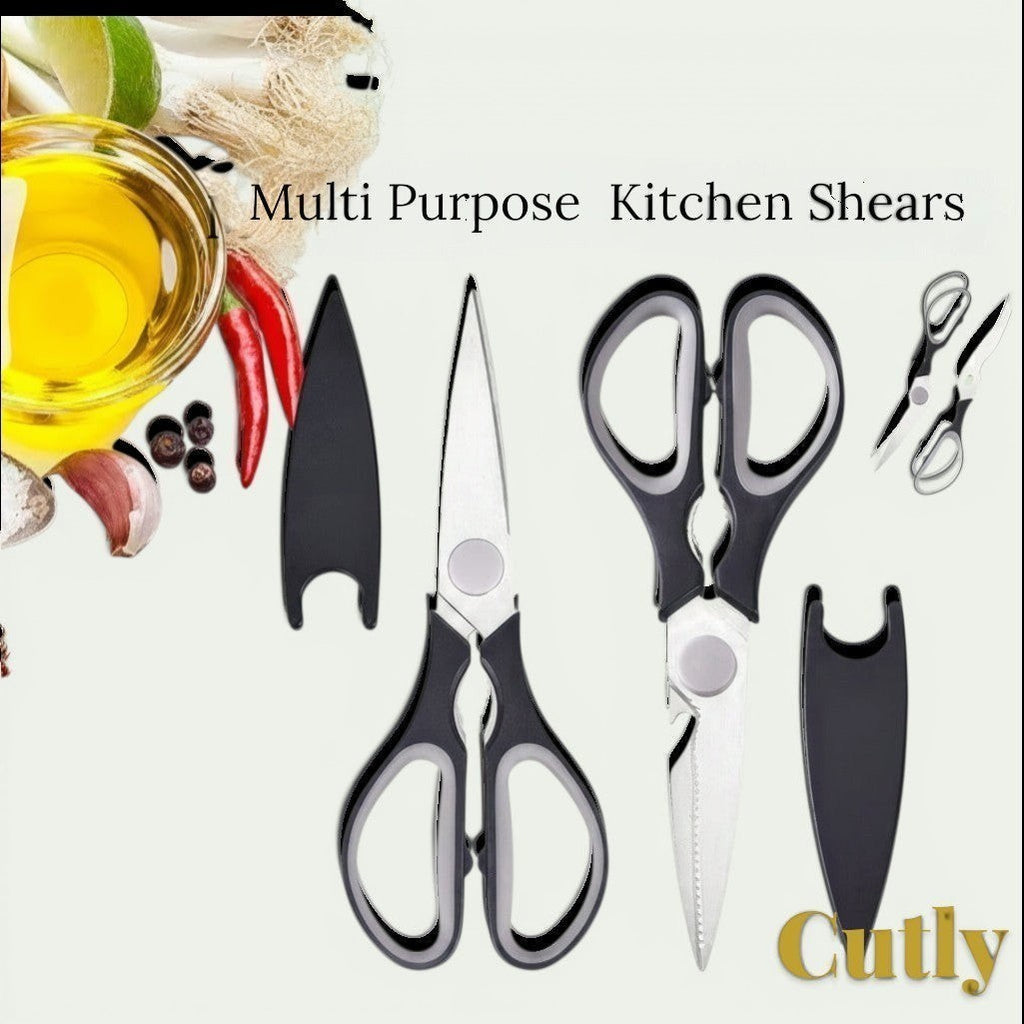 Gr8est Cutly heavy-duty kitchen shears with stainless steel blades, black ergonomic handles, and protective covers.