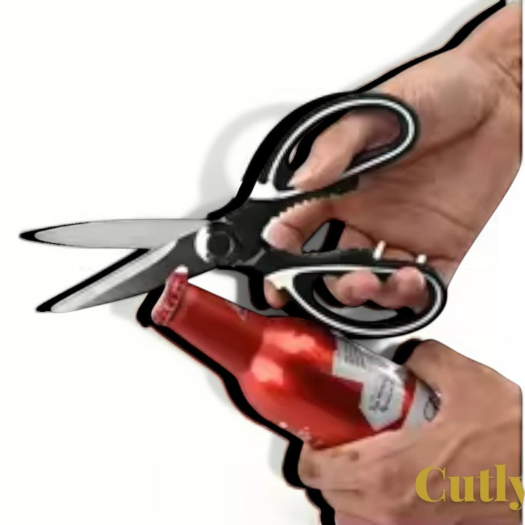 Gr8est Cutly heavy-duty kitchen shears with stainless steel blades and black ergonomic handles opening a bottle.