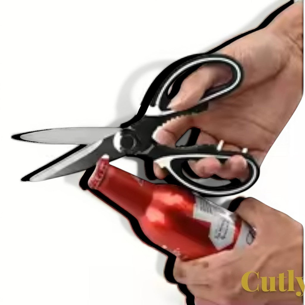 Gr8est Cutly heavy-duty kitchen shears with stainless steel blades and black ergonomic handles opening a bottle.