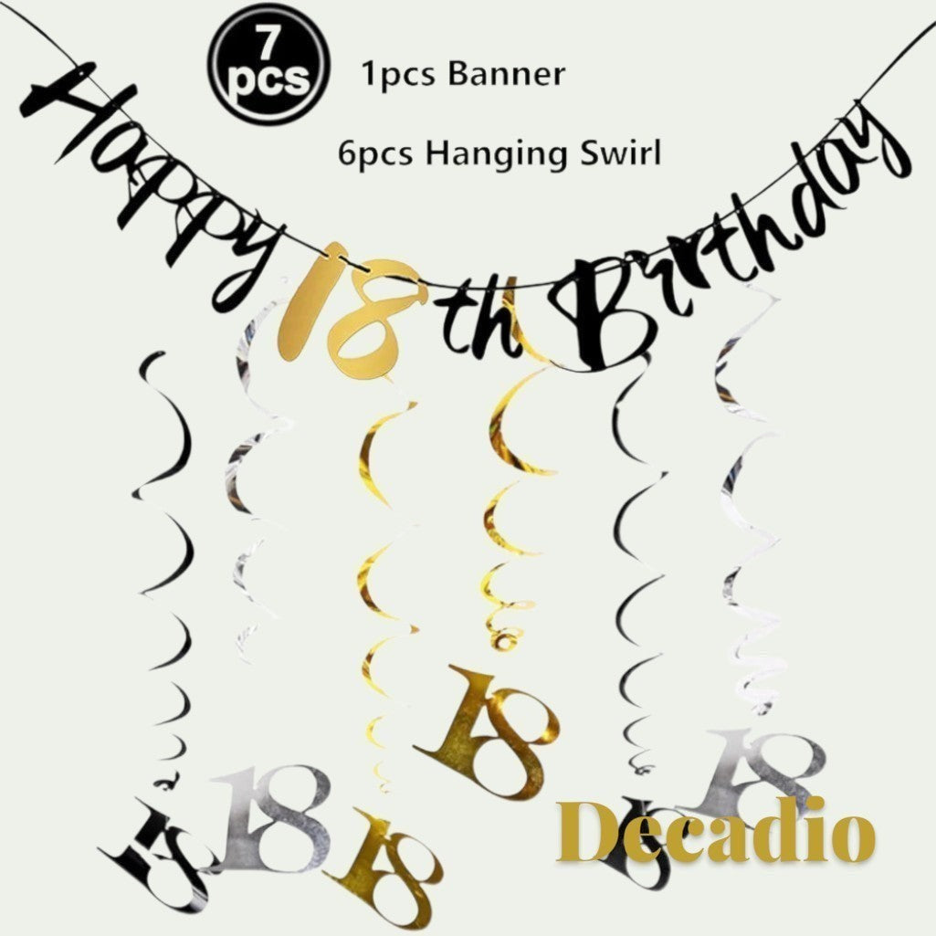 Gr8est Decadio 18th birthday party decoration set with black Happy Birthday banner and gold hanging swirls