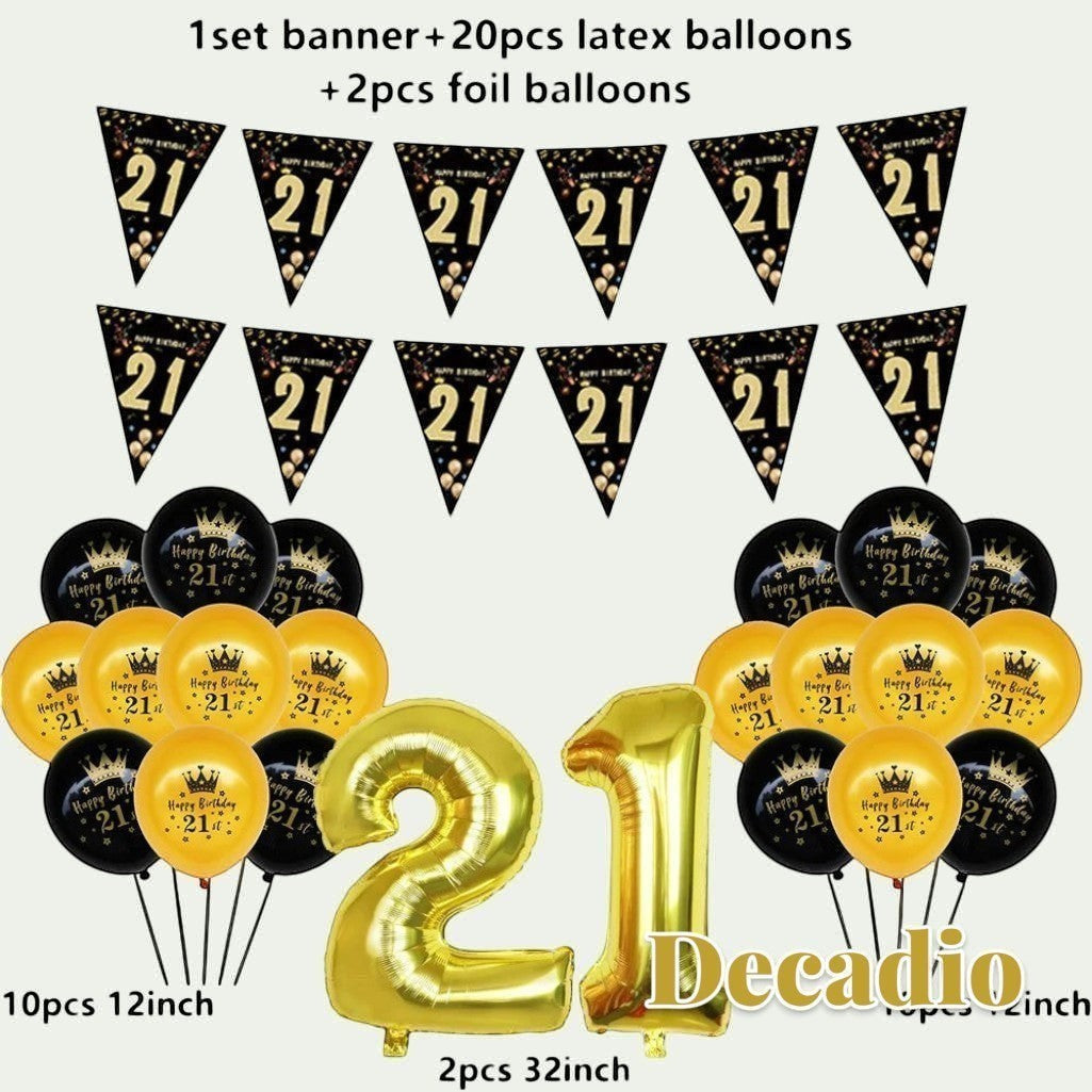 Gr8est Decadio 21st birthday party decoration set with gold foil number balloons, black and gold latex balloons.