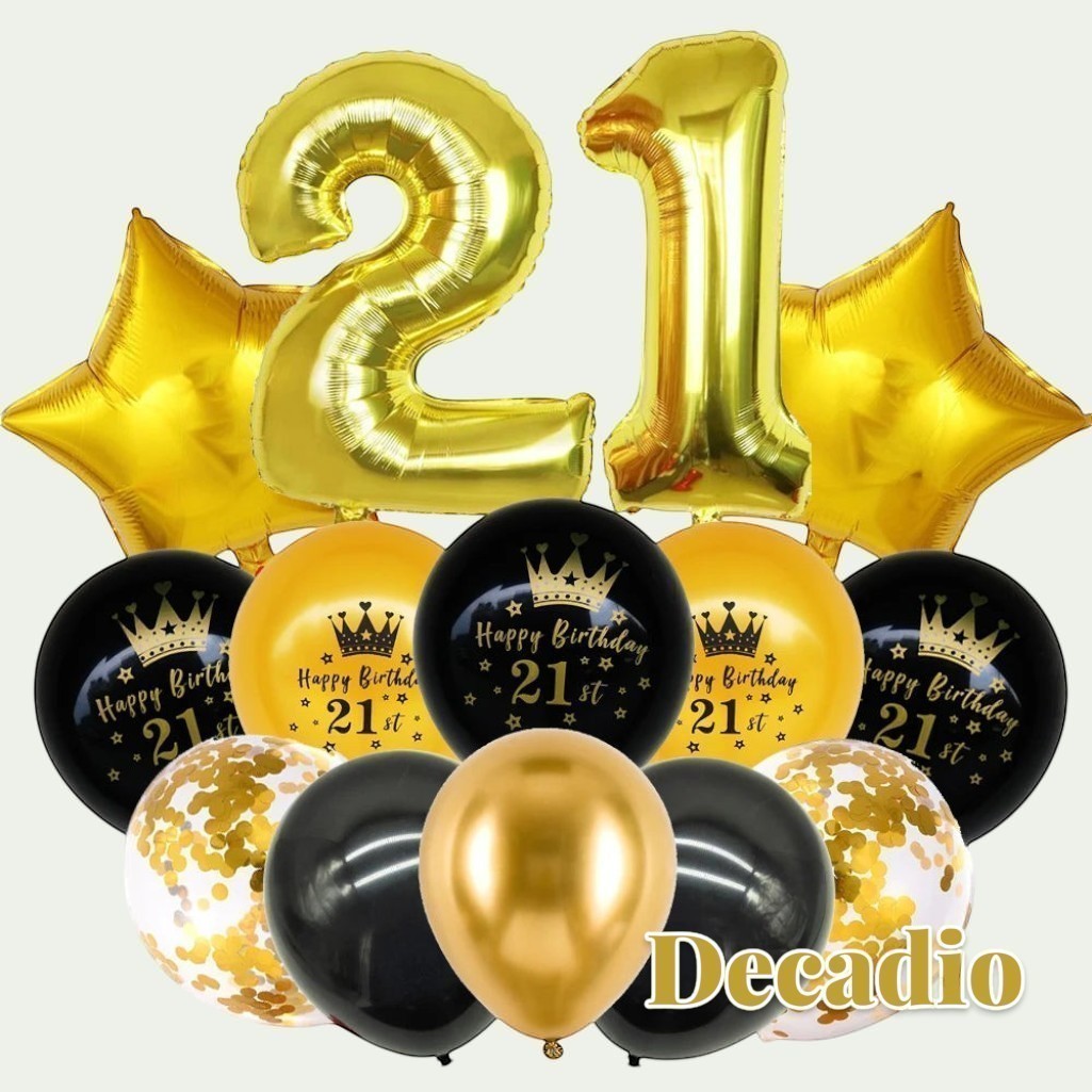 Gr8est Decadio 21st birthday balloon set with gold foil numbers, star balloons, and black and gold confetti latex