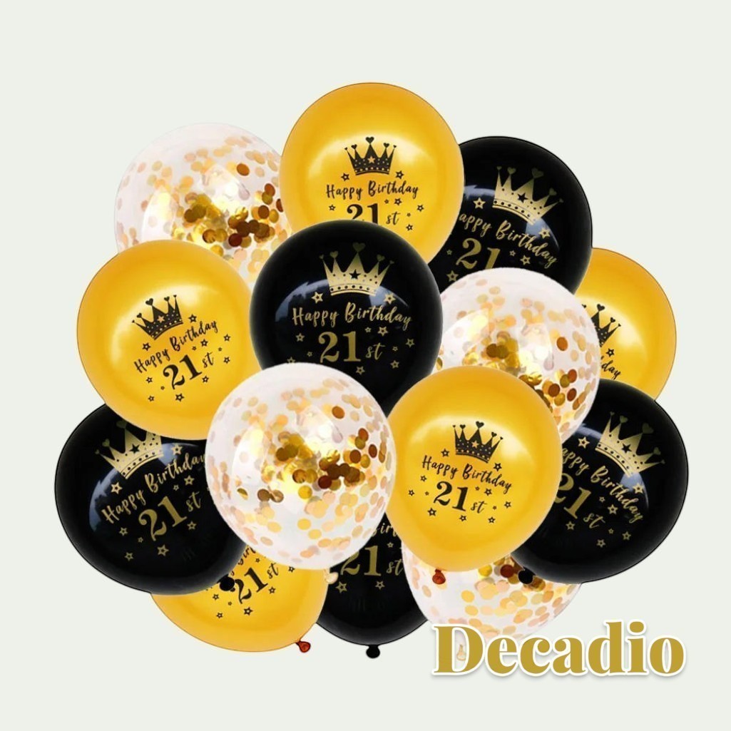 Gr8est Decadio 21st birthday balloon set featuring black and gold latex balloons with crown prints and gold confetti