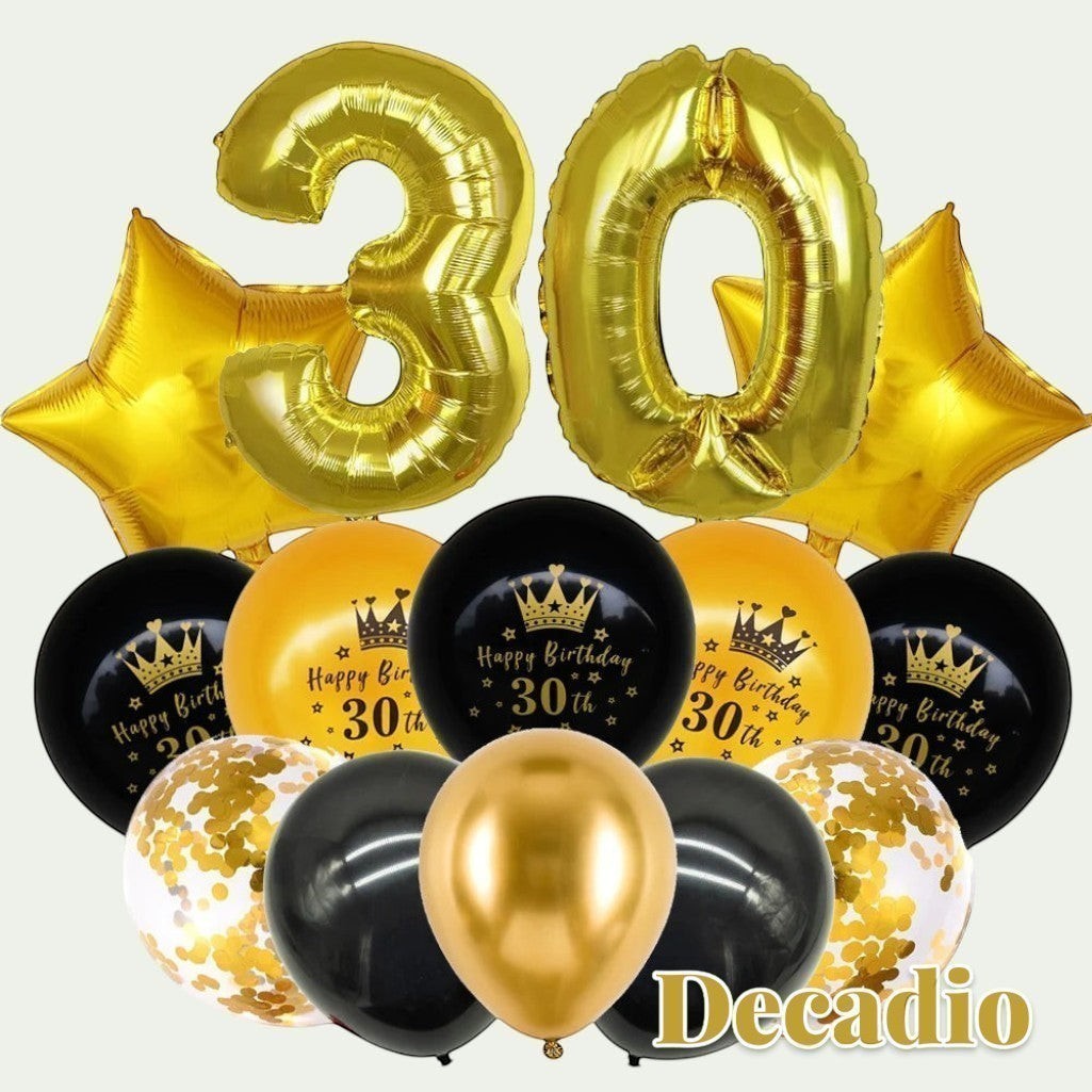 Gr8est Decadio 30th birthday balloon set with gold foil number balloons, star balloons, and black and gold confetti latex