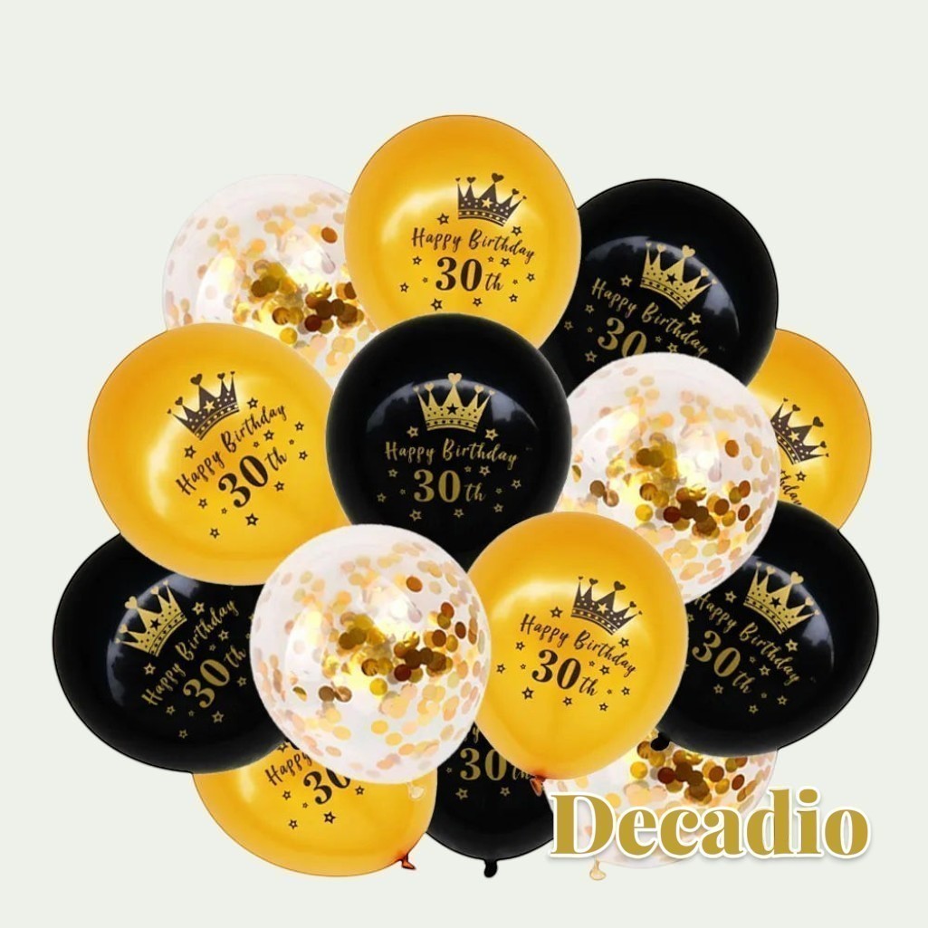 Gr8est Decadio 30th birthday balloon set featuring black and gold latex balloons with crown prints and gold confetti