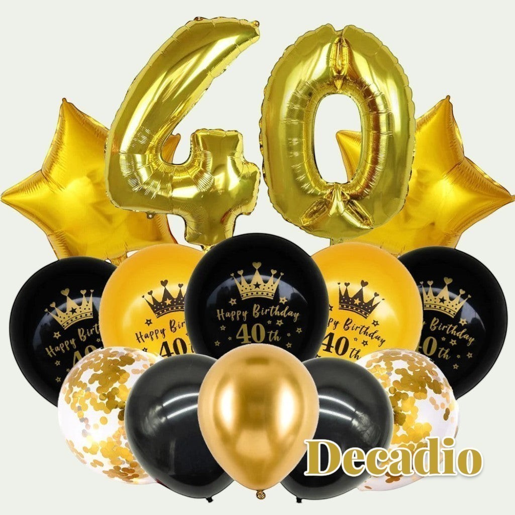 Gr8est Decadio 40th birthday balloon set featuring gold foil number balloons, star balloons, and black and gold confetti latex balloons.