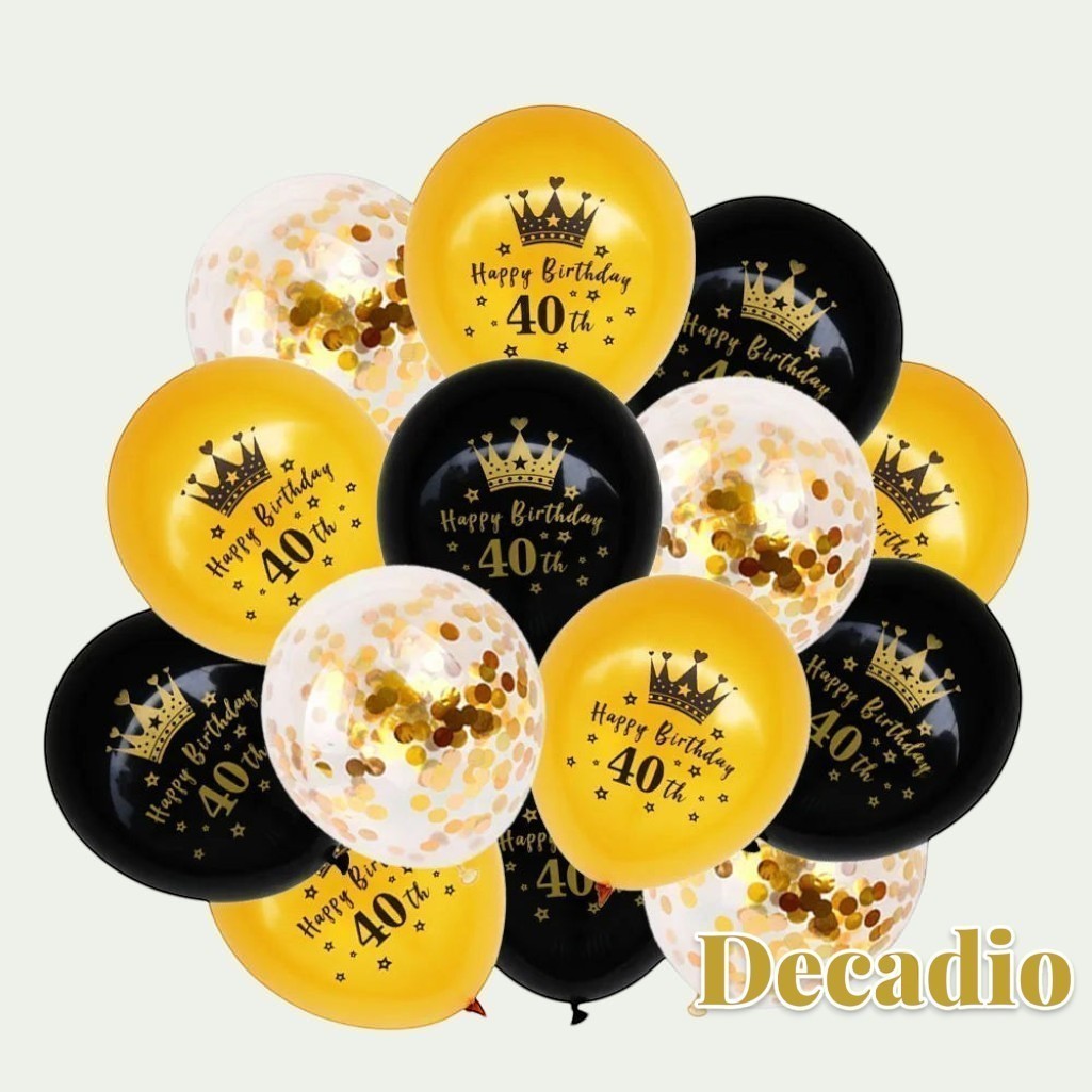 Gr8est Decadio 40th birthday balloon set featuring black, gold, and clear confetti-filled latex balloons with crowns