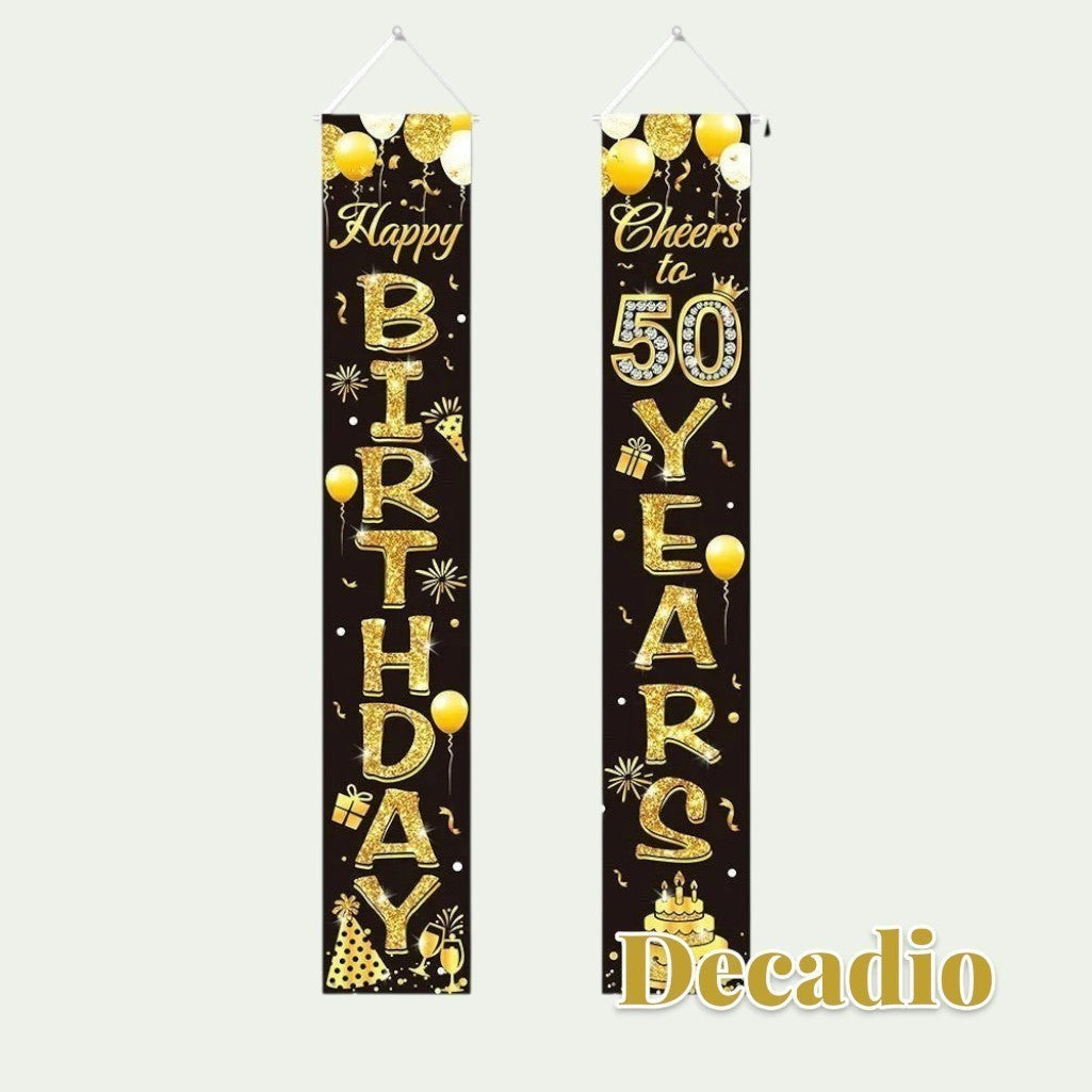 Gr8est Decadio 50th birthday banner set in black and gold with glittery text and festive party graphics