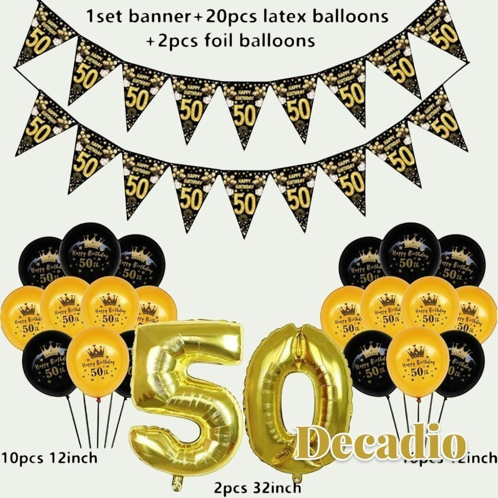 Gr8est Decadio 50th birthday party decoration set with gold foil number balloons, black and gold latex balloons, and banner