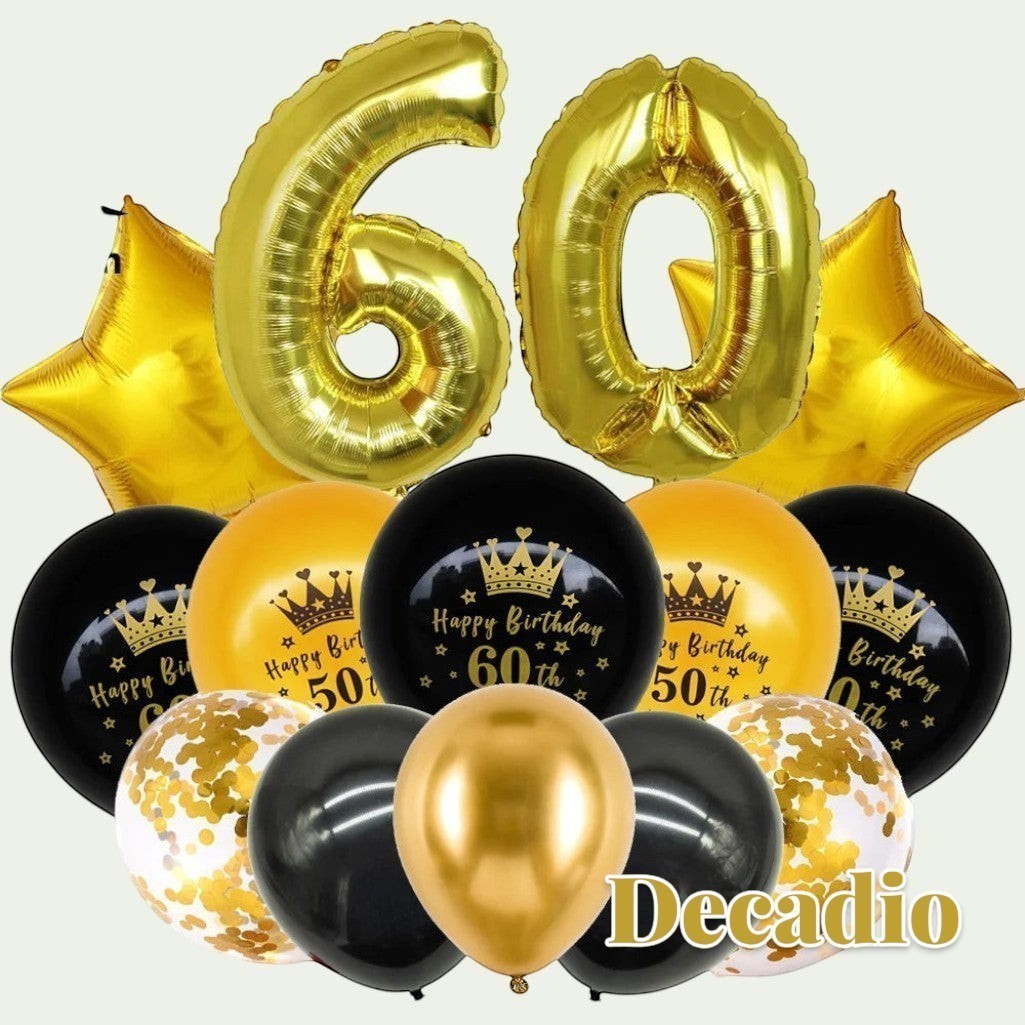 Gr8est Decadio 60th birthday balloon set with gold foil numbers, star balloons, and black and gold confetti latex.