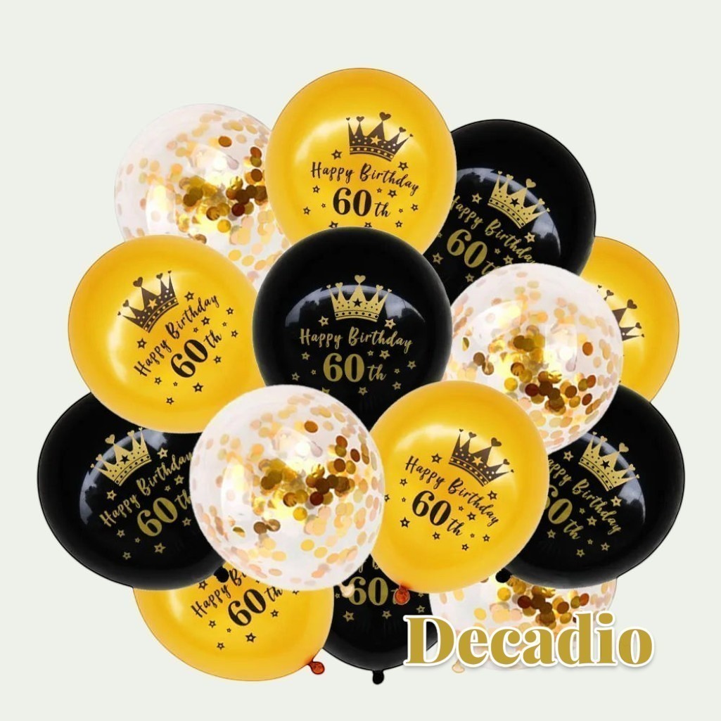 Gr8est Decadio 60th birthday balloon set featuring black and gold latex balloons with crown prints and gold confetti.