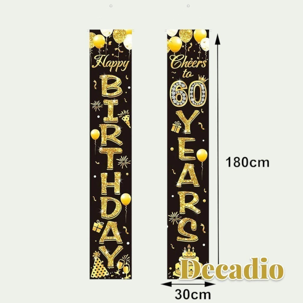 Gr8est Decadio black and gold 60th birthday banner set with glittery text, balloons, and party decorations
