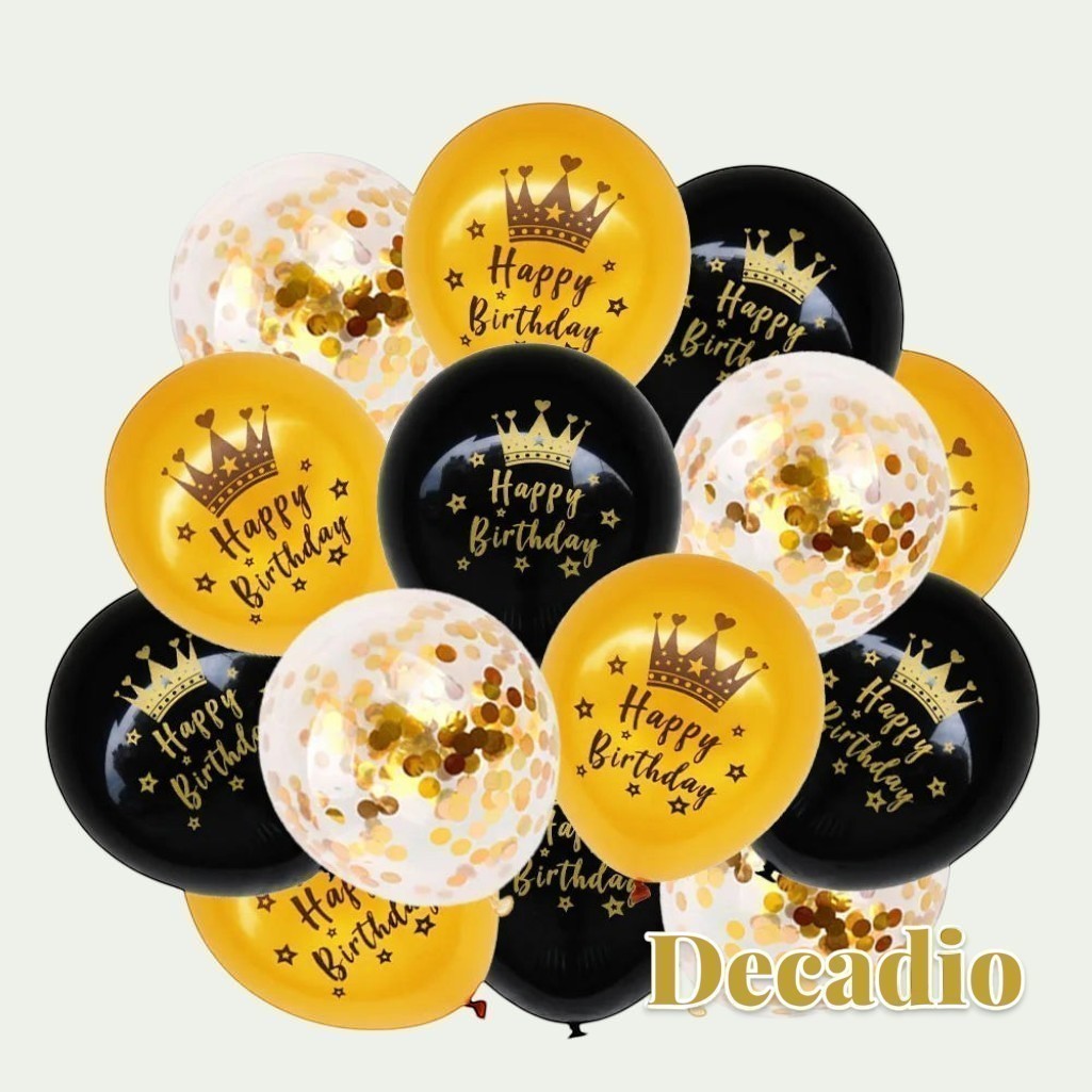 Gr8est Decadio birthday balloon set featuring black, gold, and clear confetti-filled latex balloons with crown prints.